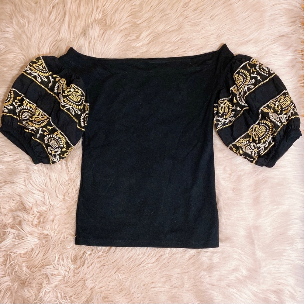 Free People Embroidered Black Top